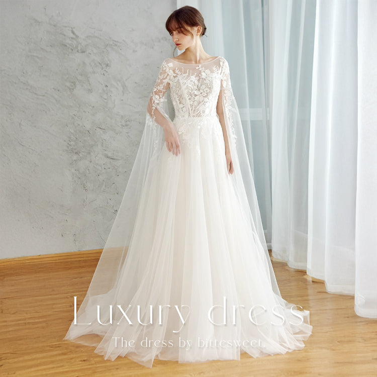 【ur78】	シアーレースケープ風スリーブドレス　Aライン