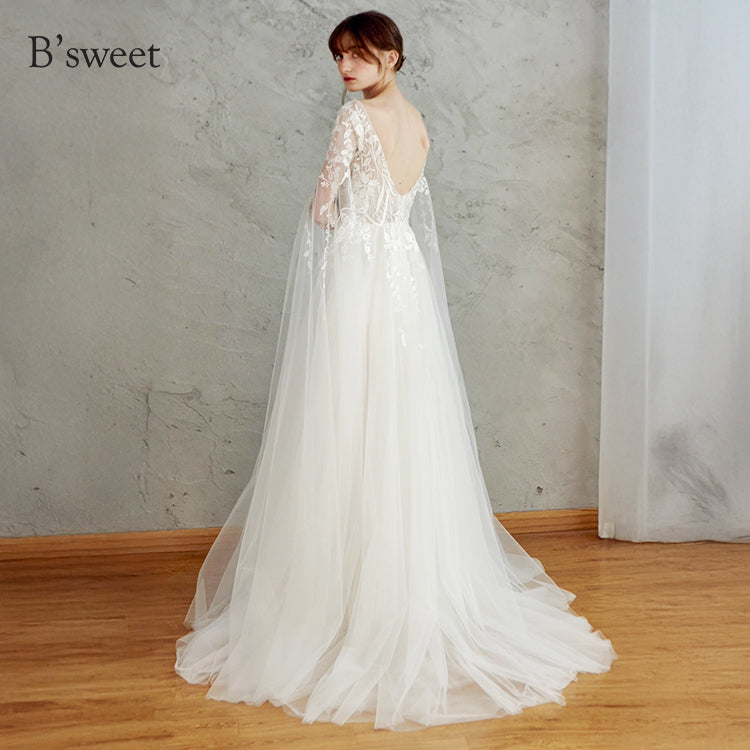 【ur78】	シアーレースケープ風スリーブドレス　Aライン