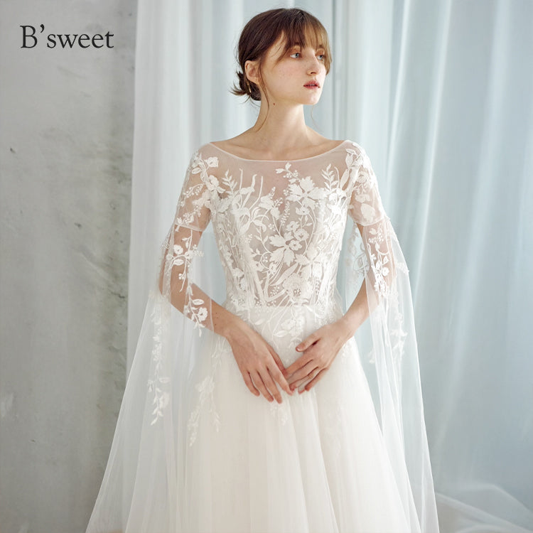 【ur78】	シアーレースケープ風スリーブドレス　Aライン