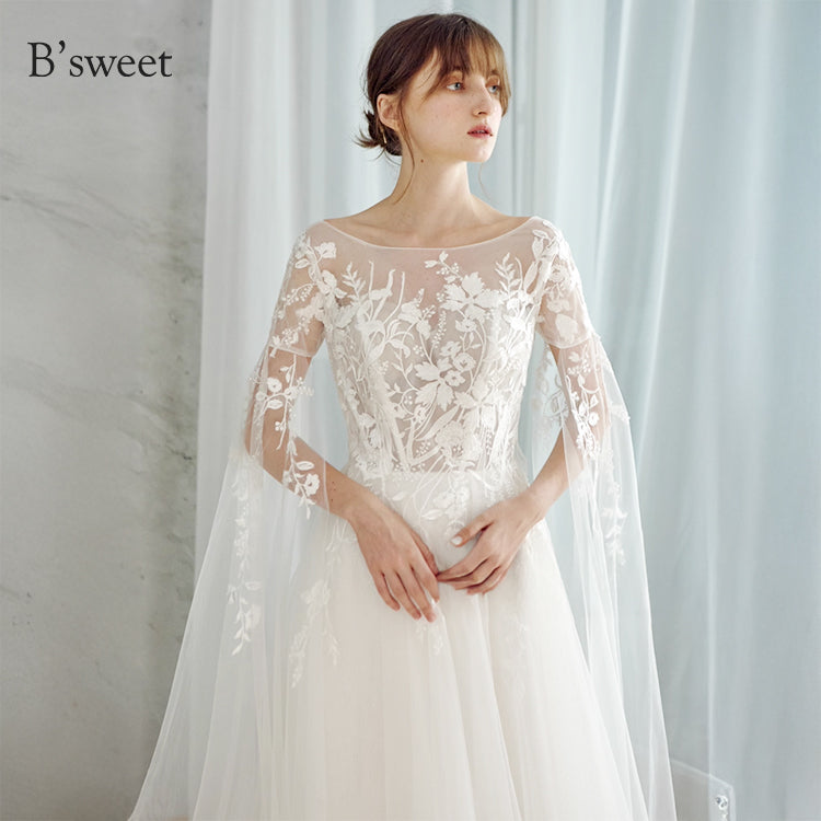 【ur78】	シアーレースケープ風スリーブドレス　Aライン