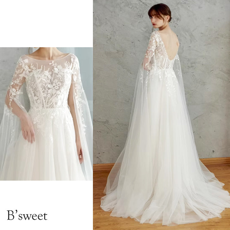 【ur78】	シアーレースケープ風スリーブドレス　Aライン