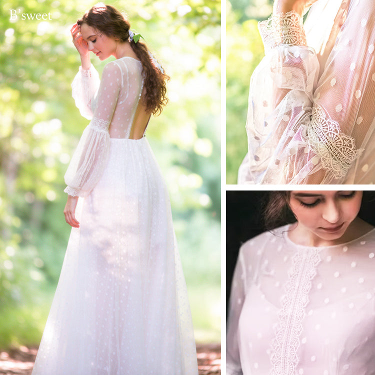 【ur82】	ドット柄長袖チュールドレス　Aライン