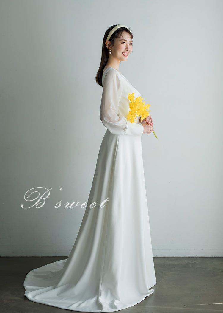 wd133ls】Vカットシアーロングスリーブトレーンドレス スレンダー