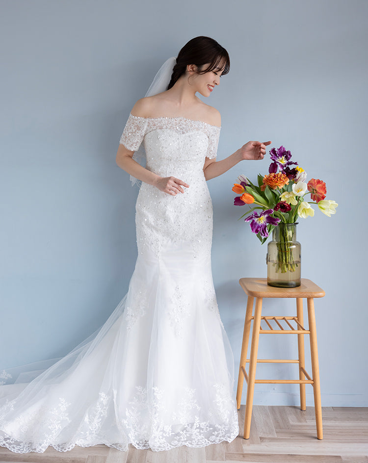 wd235qs】スパンコールレース刺繍オフショルマーメイドドレス