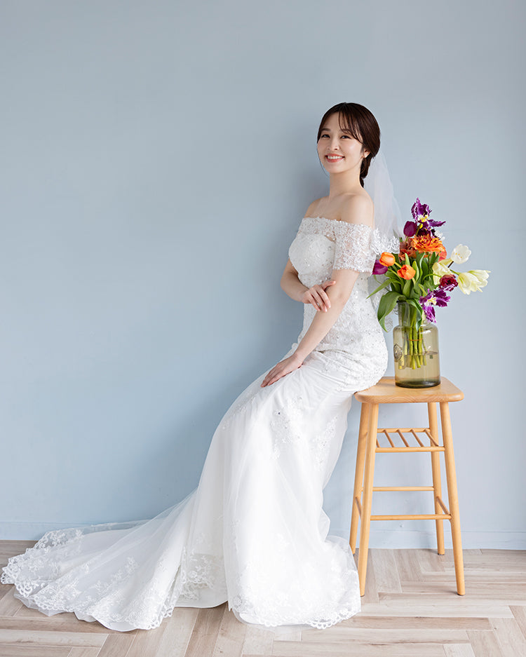 【wd235qs】スパンコールレース刺繍オフショルマーメイドドレス　マーメイドライン