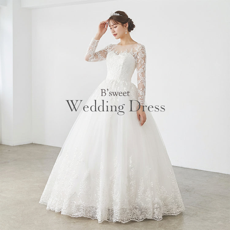 刺繍デザインロングスリープドレス　プリンセスライン