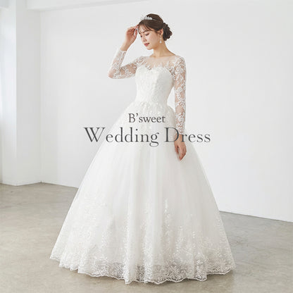 刺繍デザインロングスリープドレス　プリンセスライン