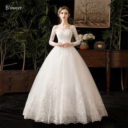 刺繍デザインロングスリープドレス　プリンセスライン