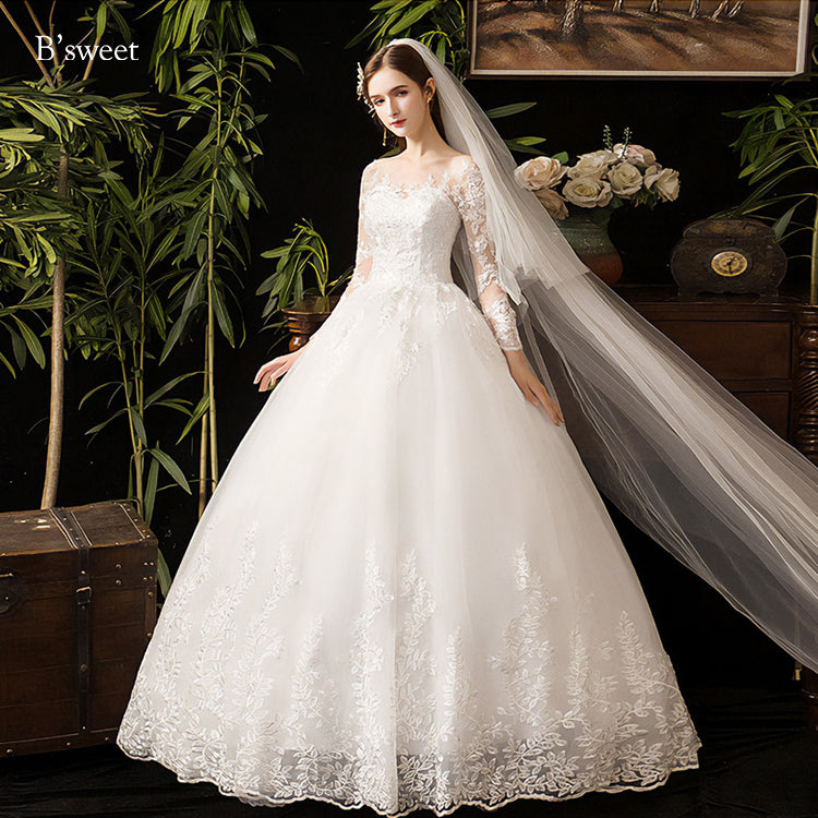 刺繍デザインロングスリープドレス　プリンセスライン