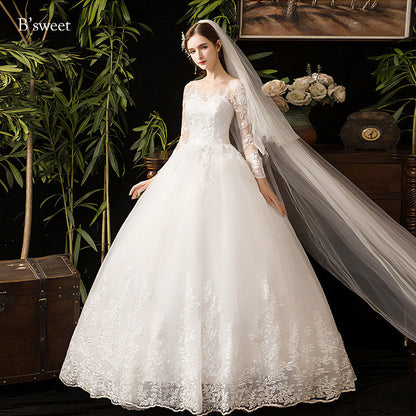 刺繍デザインロングスリープドレス　プリンセスライン