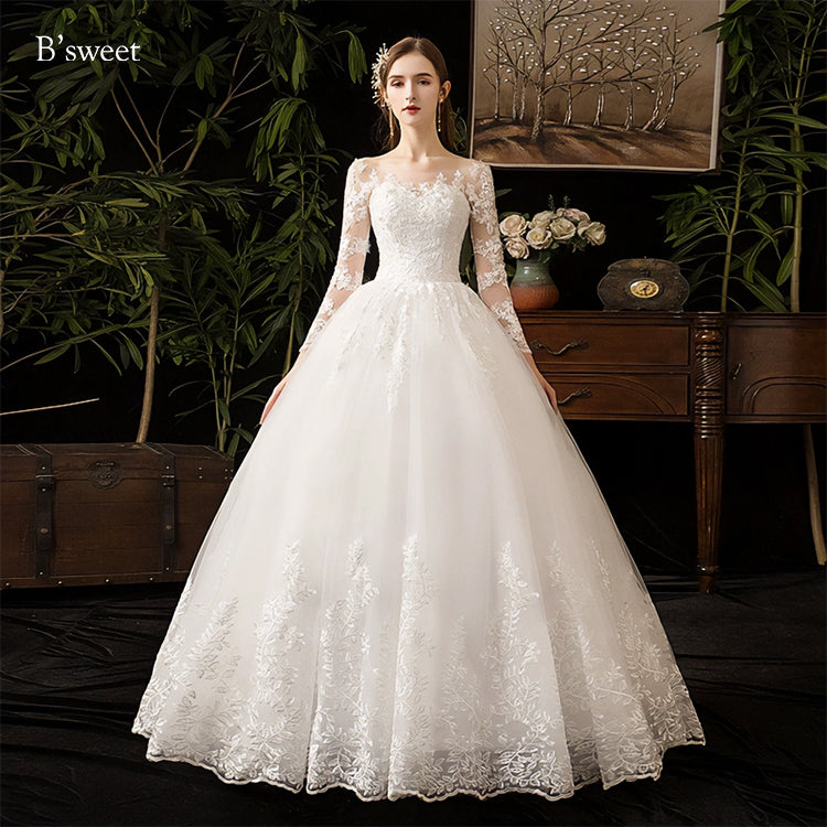 刺繍デザインロングスリープドレス　プリンセスライン