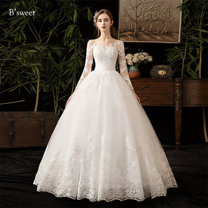 刺繍デザインロングスリープドレス　プリンセスライン