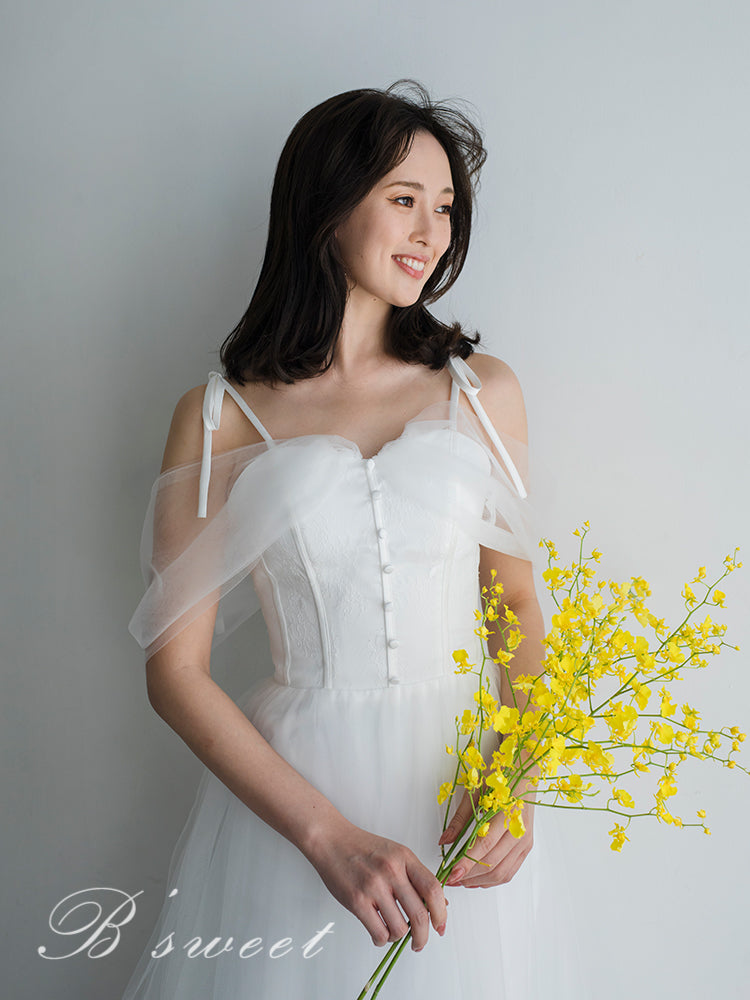 【wd368ls】くるみボタンオフショルキャミドレス　Aライン
