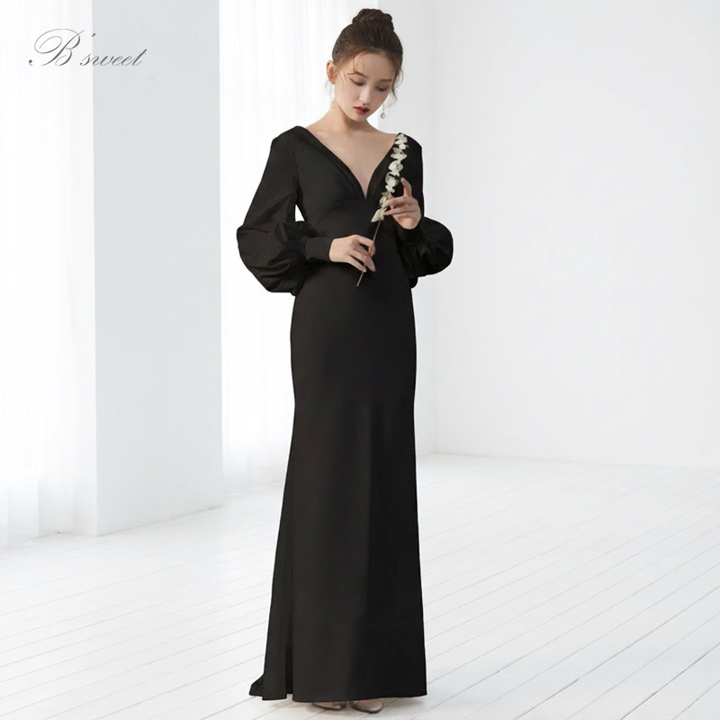 【wd382ls】プランジングネックロングスリーブドレス　２カラー　マーメイドライン