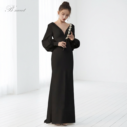 【wd382ls】プランジングネックロングスリーブドレス　２カラー　マーメイドライン