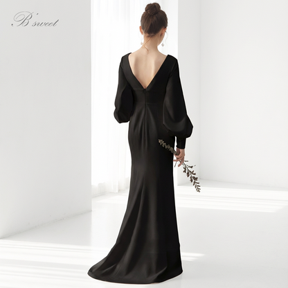 【wd382ls】プランジングネックロングスリーブドレス　２カラー　マーメイドライン