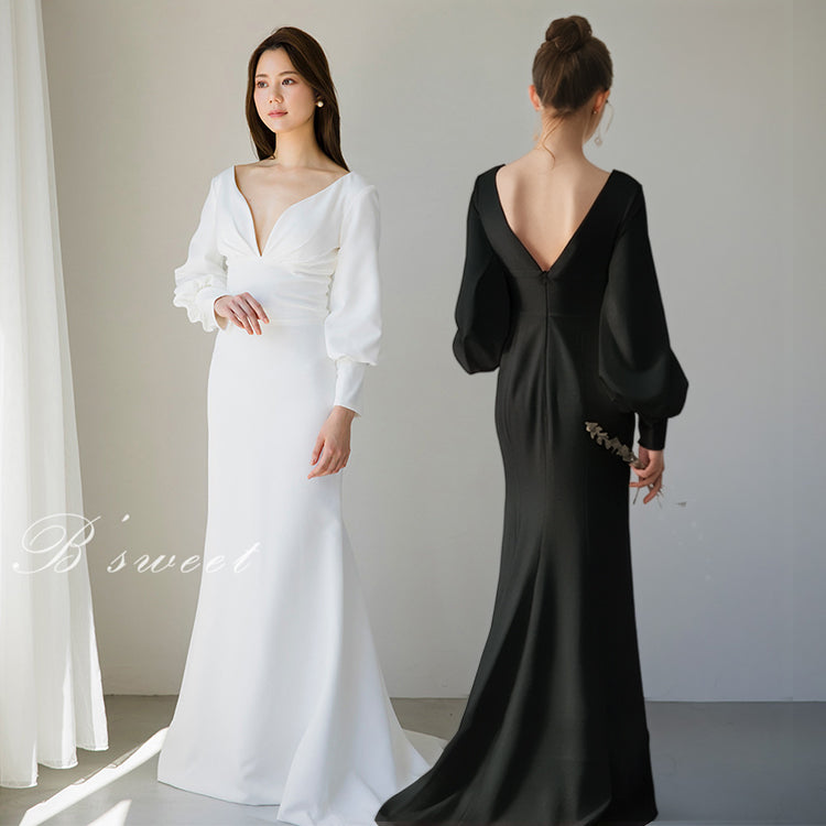 【wd382ls】プランジングネックロングスリーブドレス　２カラー　マーメイドライン