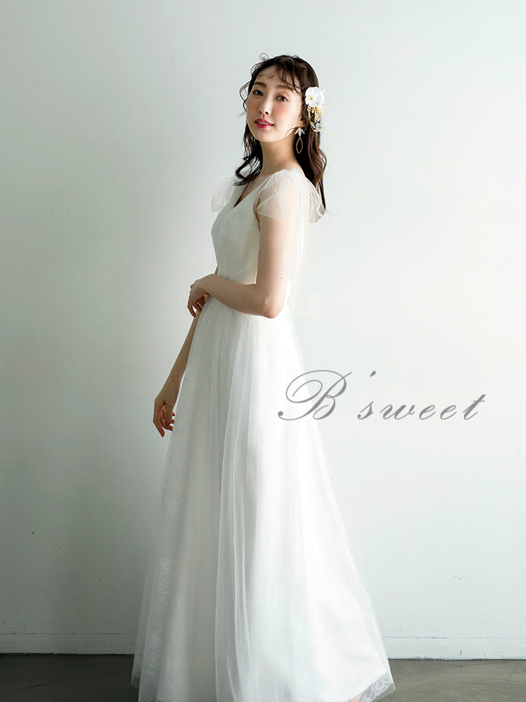 wd510ls】ショルダーリボンVネックレースドレス Aライン – ドレス