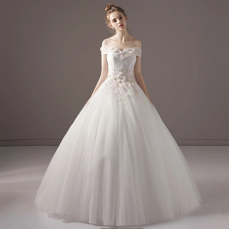 【wd52m】　オフショルダーフラワー刺繍ドレス　プリンセスライン