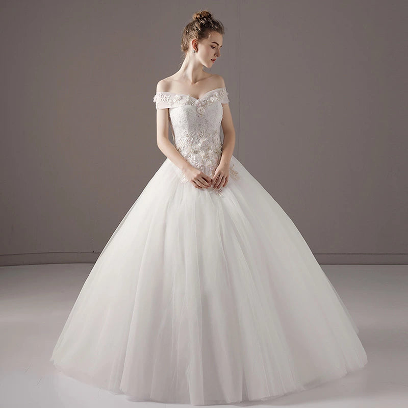 【wd52m】　オフショルダーフラワー刺繍ドレス　プリンセスライン