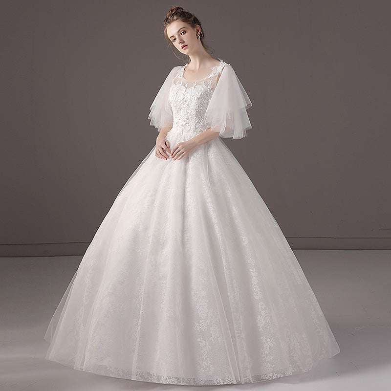 【wd56m】　フレアスリーブチュール刺繍ドレス　プリンセスライン