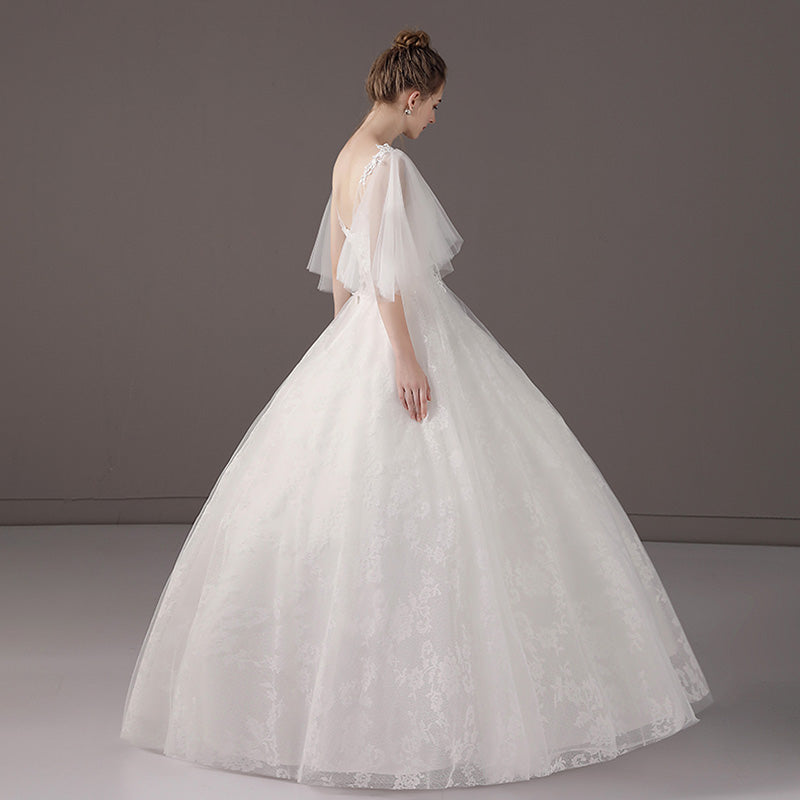 【wd56m】　フレアスリーブチュール刺繍ドレス　プリンセスライン