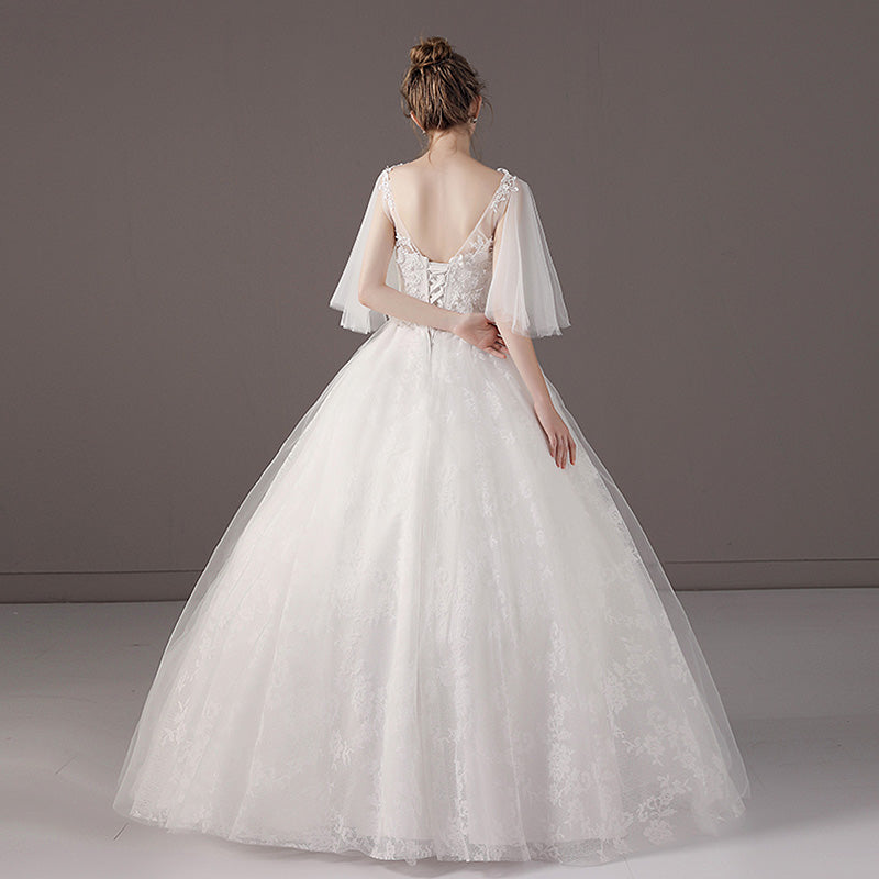 【wd56m】　フレアスリーブチュール刺繍ドレス　プリンセスライン