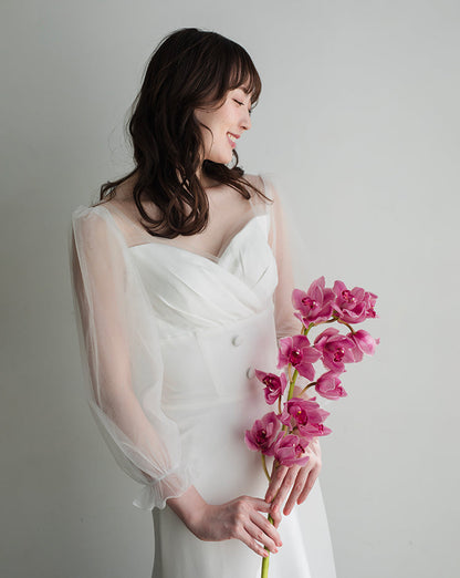 SL01【wd599ls】シアーロングスリーブハートカットボタンドレス　スレンダー