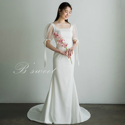 【wd610ls】ウエディング ドレス ウェディングドレス 袖あり リボン トレーンタイプ wedding dress レディースドレス 結婚式 タイトドレス マーメイド タイトマーメイド マーメイドドレス ファスナー 前撮り 後撮り 披露宴 結婚式 演奏会 発表会 海外挙式ドレス【XS～XL】