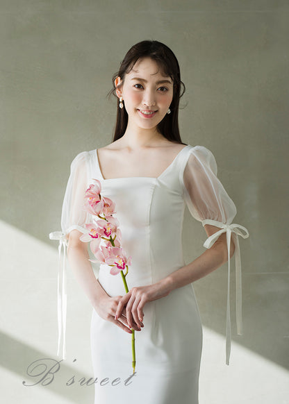 【wd610ls】ウエディング ドレス ウェディングドレス 袖あり リボン トレーンタイプ wedding dress レディースドレス 結婚式 タイトドレス マーメイド タイトマーメイド マーメイドドレス ファスナー 前撮り 後撮り 披露宴 結婚式 演奏会 発表会 海外挙式ドレス【XS～XL】