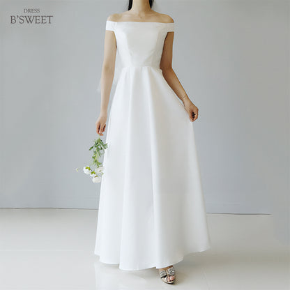 【wd612ls】オフショルダーシンプルサテンドレス　Aライン