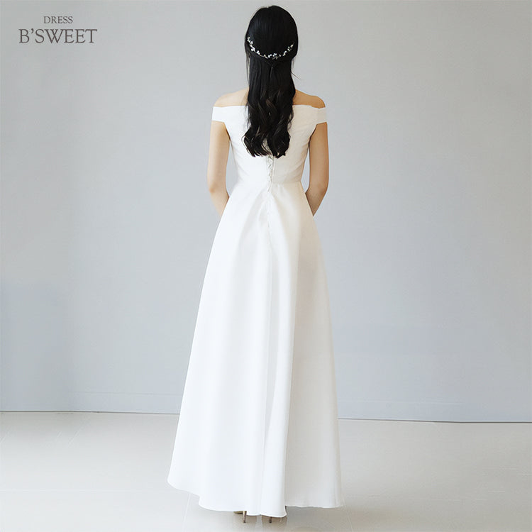 【wd612ls】オフショルダーシンプルサテンドレス　Aライン