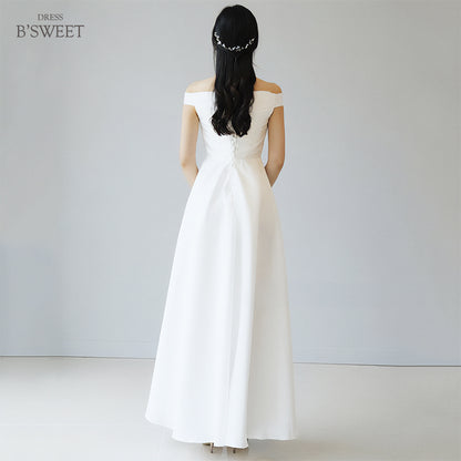 【wd612ls】オフショルダーシンプルサテンドレス　Aライン