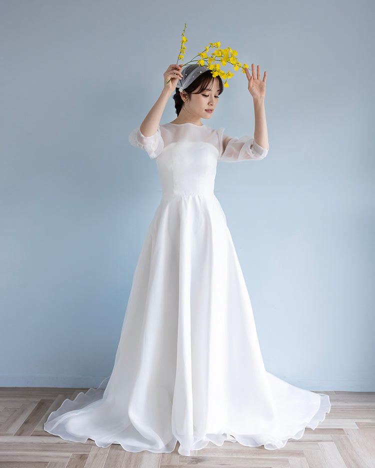 wd633ls】シアーパフスリーブドッキングドレス Aライン – ドレス