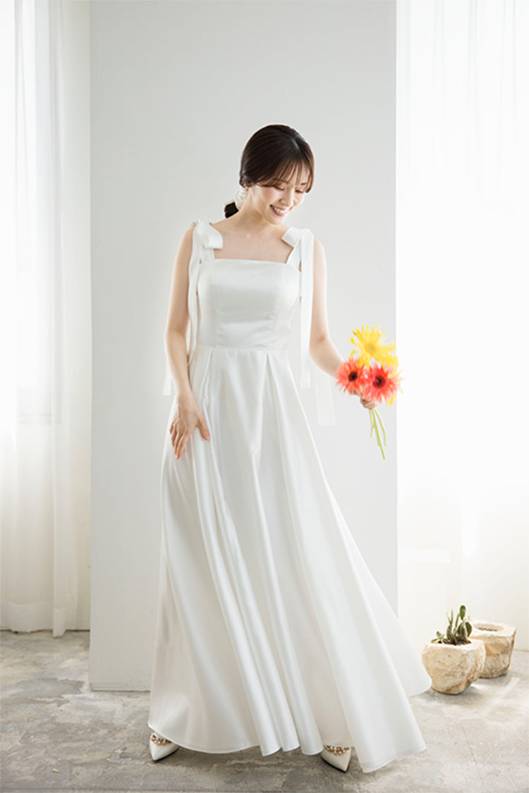 wd647mi】肩リボンサテンAラインドレス 2カラー – ドレスショップ通販