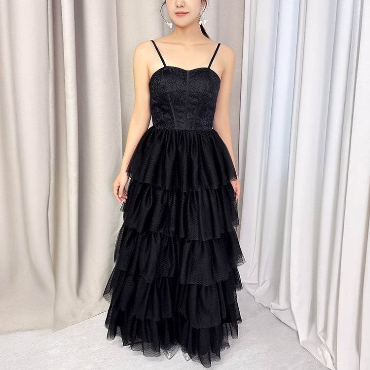 【wd651vt】選べる2スタイル　レースティアードスカートブラックドレス