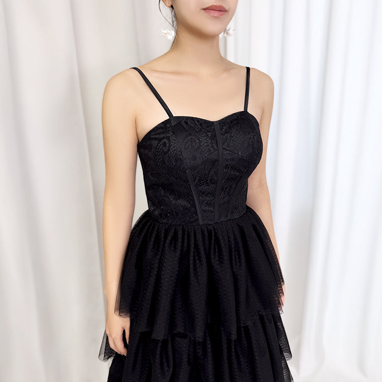 【wd651vt】選べる2スタイル　レースティアードスカートブラックドレス