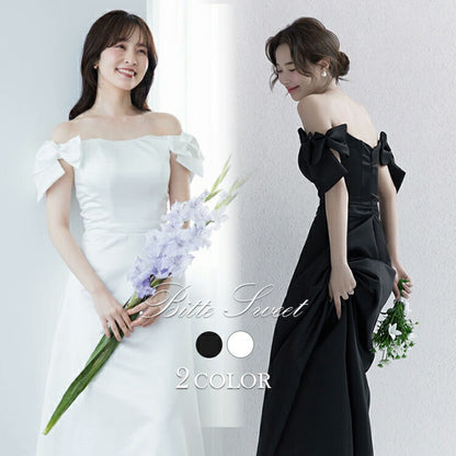 【wd674jx】サテンオフショルリボンドレス　Aライン