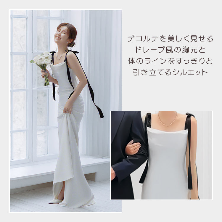 【wd692ls】ショルダーリボンドレス　スレンダーライン