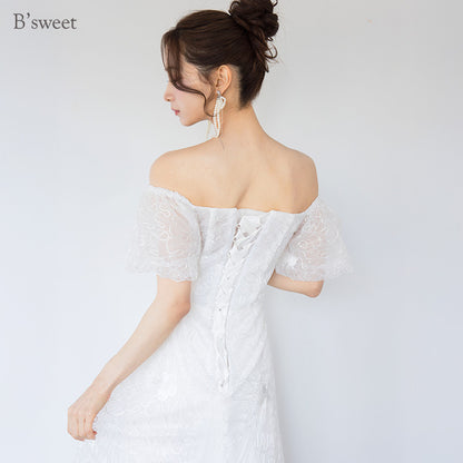 【wd721yn】シアーフラワーオフショルダードレス　Aライン