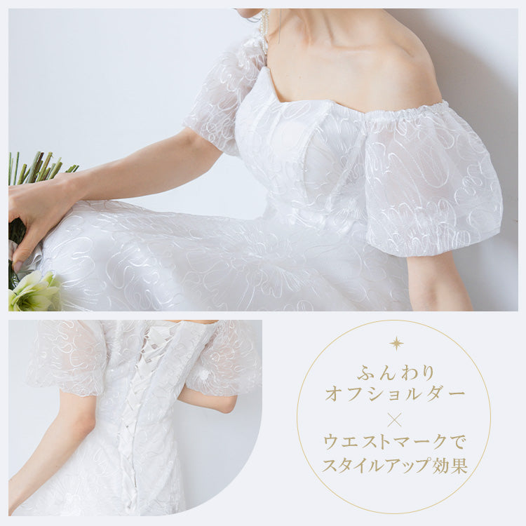 【wd721yn】シアーフラワーオフショルダードレス　Aライン
