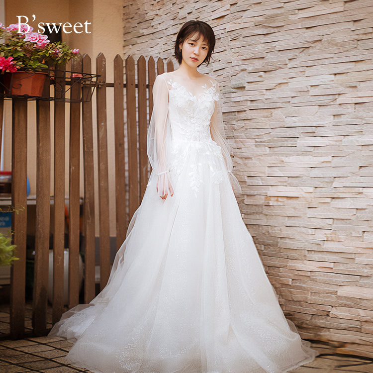 wd722yn】シアーロングスリーブ刺繍ドレス Aライン – ドレスショップ