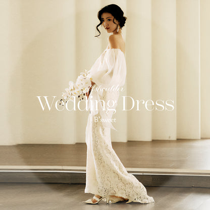 シフォンスリーブレースオフショルダードレス