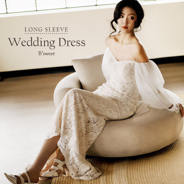 シフォンスリーブレースオフショルダードレス