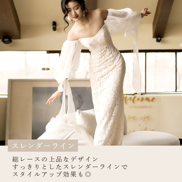 シフォンスリーブレースオフショルダードレス