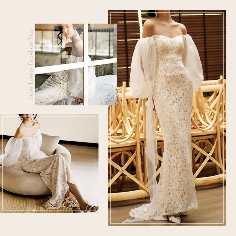 シフォンスリーブレースオフショルダードレス