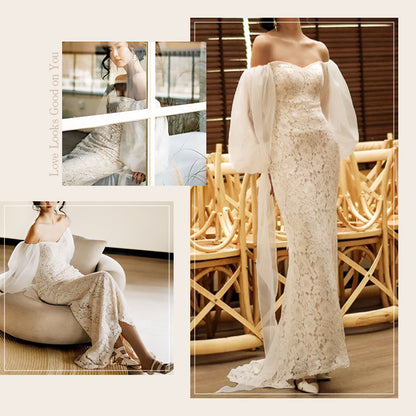 シフォンスリーブレースオフショルダードレス