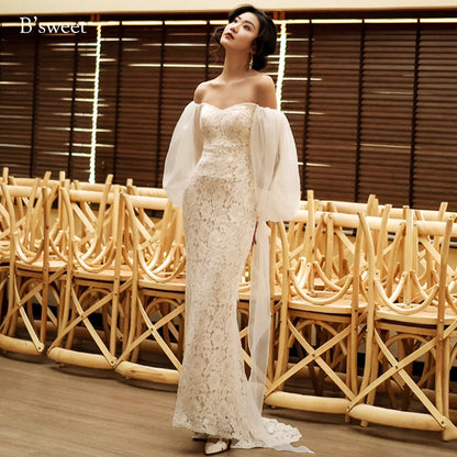 シフォンスリーブレースオフショルダードレス