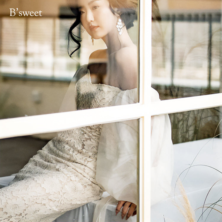 シフォンスリーブレースオフショルダードレス