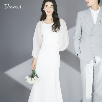 【wd724yj】ロングスリーブシフォンドレス　スレンダーライン